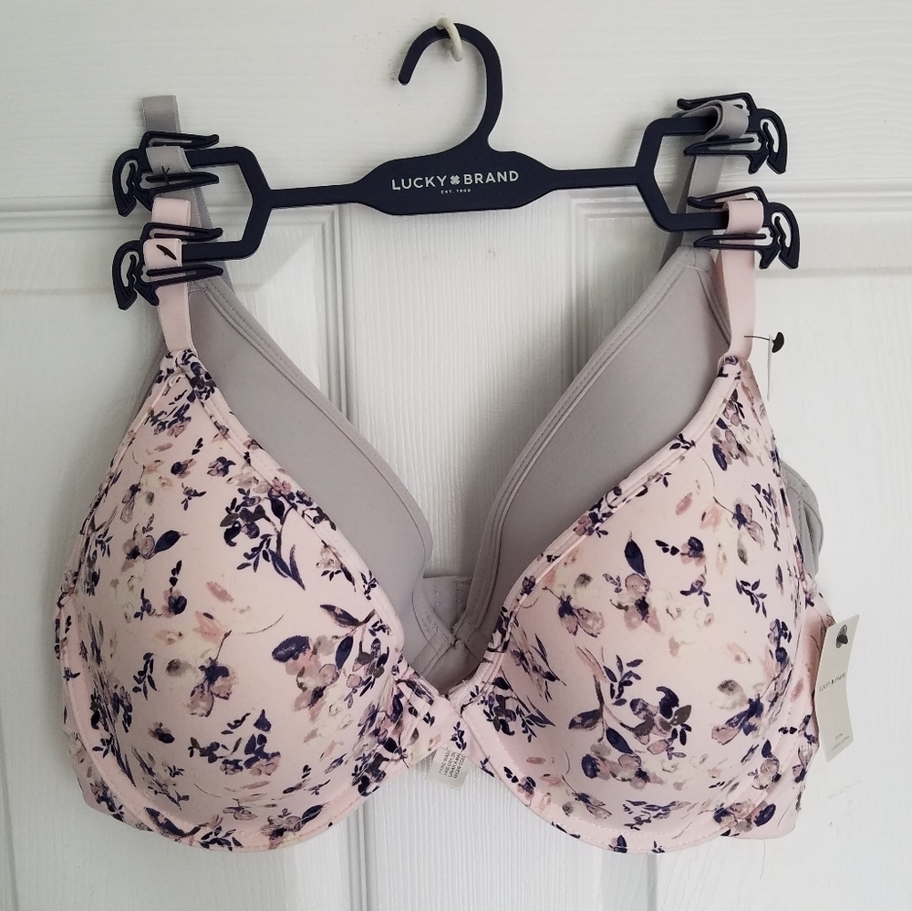 NWT Lucky Brand 2 pack Super Soft Bras pink floral gray Size 40D